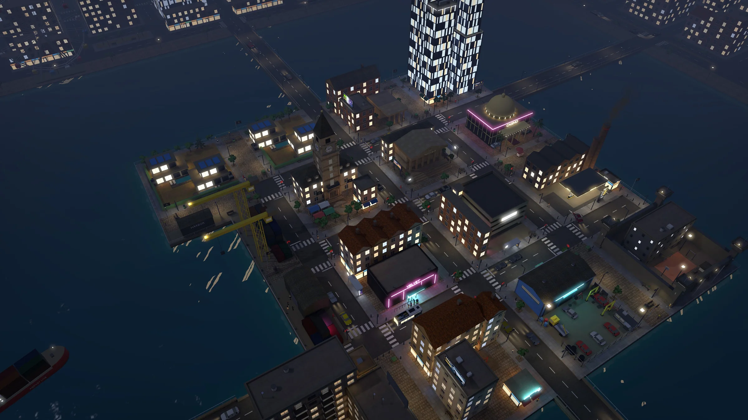Agency City vue de haut : le port et son porte-conteneurs, la mairie, la banque, le casino, le club, les tours et la zone industrielle