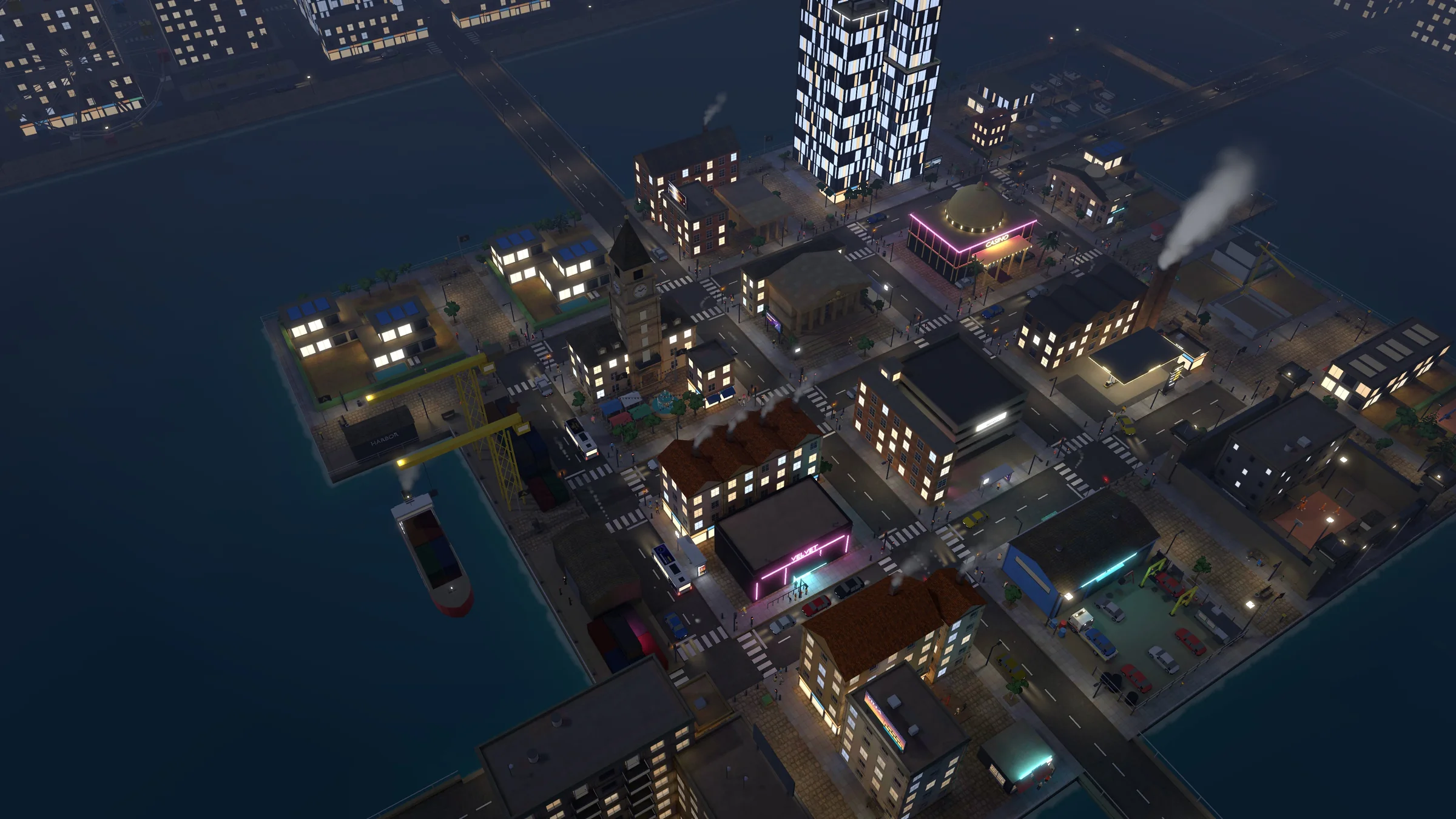 Agency City z góry: port z kontenerowcem, ratusz, bank, kasyno, klub, wieżowce i strefa przemysłowa